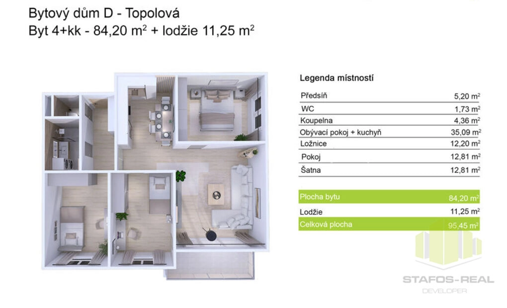 Prodej slunného bytu 4+kk 84,2m2 + lodžie 11,25m2 Topolová D, Olomouc - Slavonín