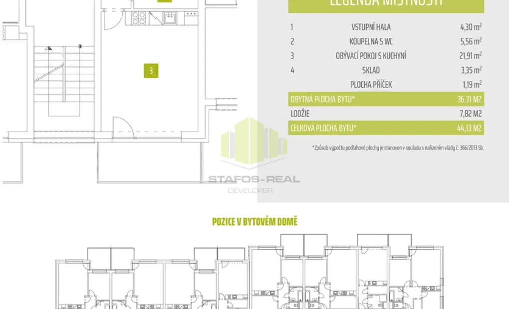 Pronájem novostavby bytu 1+kk 36,31 m2 + 7,82 m2 lodžie, Janského, Olomouc - Povel