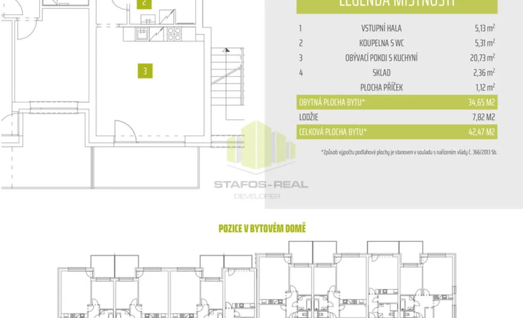 Pronájem novostavby bytu 1+kk 34,65 m2 + 7,82 m2 lodžie, Janského, Olomouc - Povel