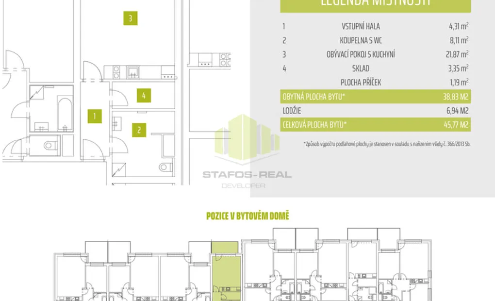 Pronájem novostavby bytu 1+kk 38,83 m2 + 6,94 m2 lodžie, Janského, Olomouc - Povel