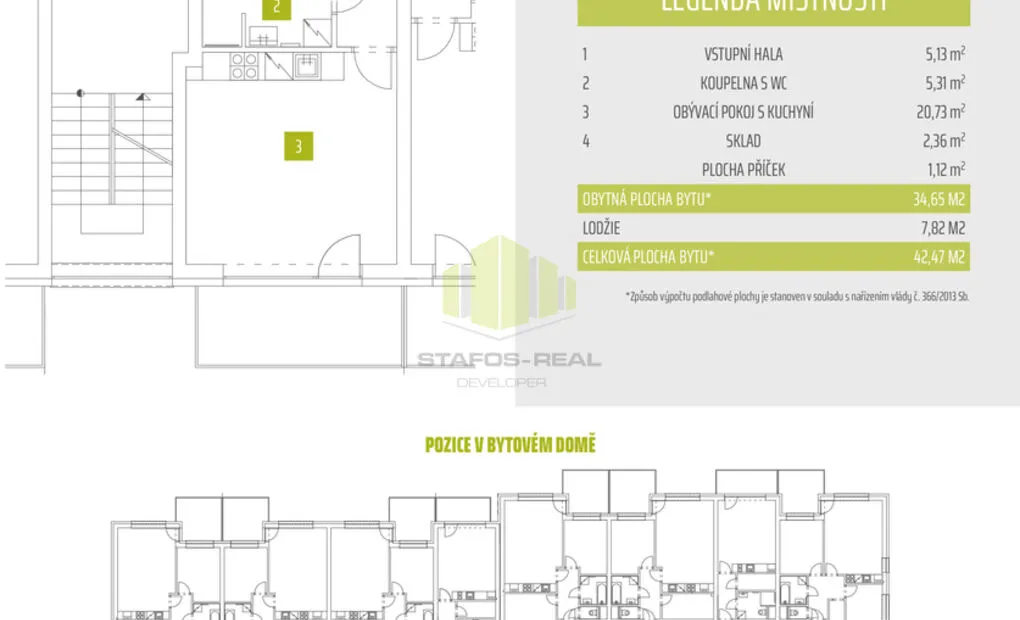 Pronájem novostavby bytu 1+kk 34,65 m2 + 7,82 m2 lodžie, Janského, Olomouc - Povel