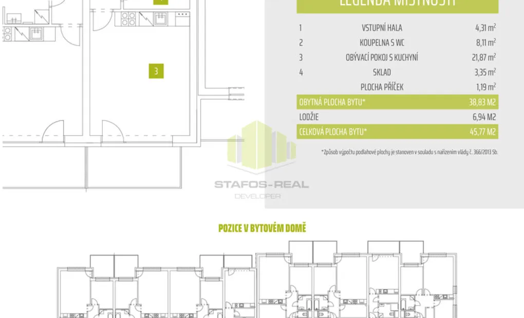 Pronájem novostavby bytu 1+kk 38,83 m2 + 6,94 m2 lodžie, Janského, Olomouc - Povel