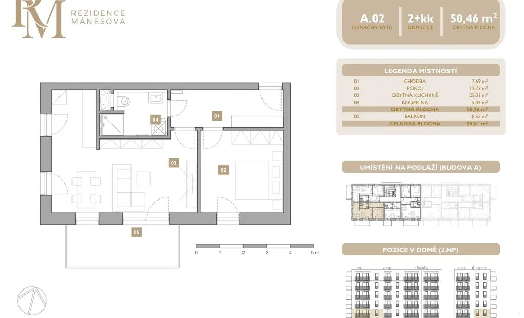 Prodej bytu 2+kk, 50.46 m2 s balkónem 8.55 m2 na ulici Mánesova, Lipník nad Bečvou