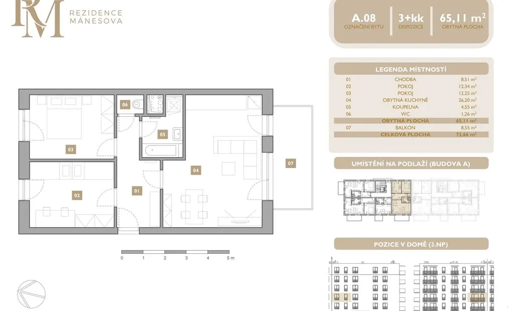 Prodej bytu 3+kk, 65.11 m2 s balkónem 8.55 m2, Mánesova, Lipník nad Bečvou