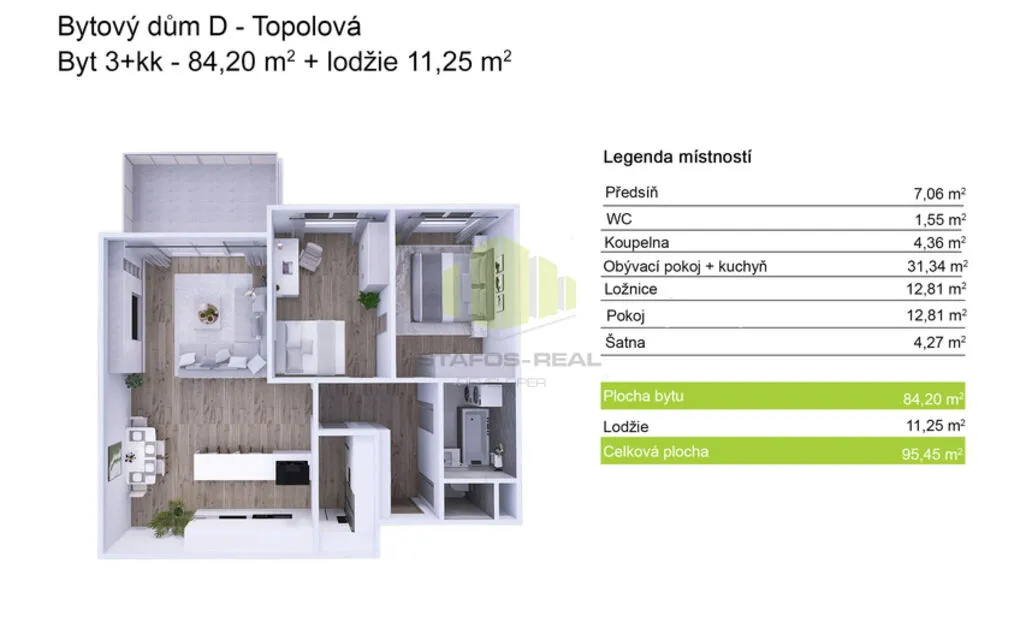Pronájem nového bytu 3+kk, 84,2m2 + 11,4 m2 lodžie, Topolová, Olomouc - Slavonín