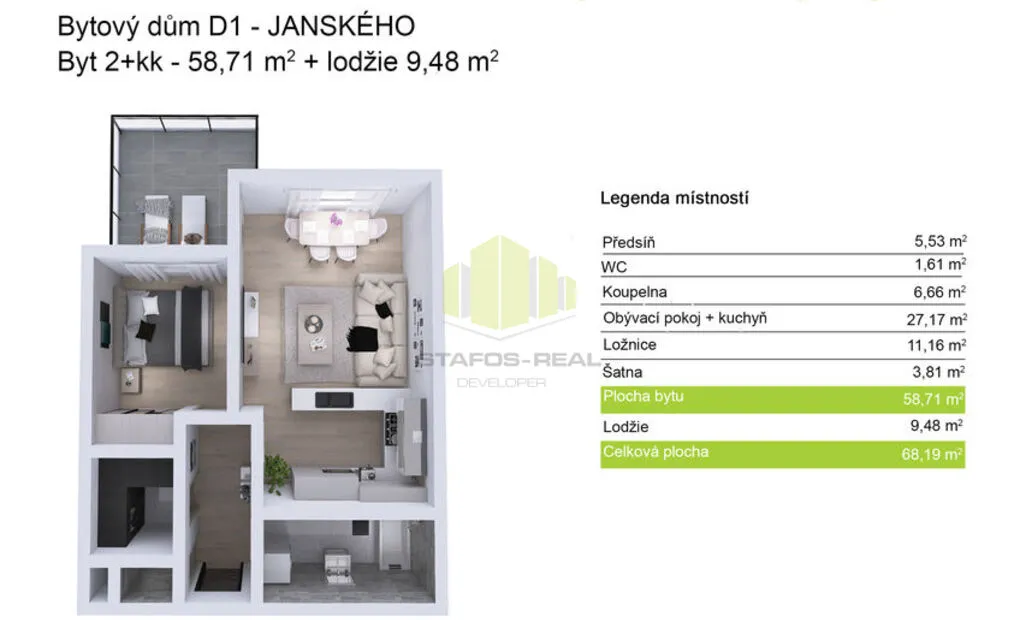 Pronájem novostavby bytu 2+kk 58,71 m2 + 9,48 m2 lodžie, Janského, Olomouc - Povel