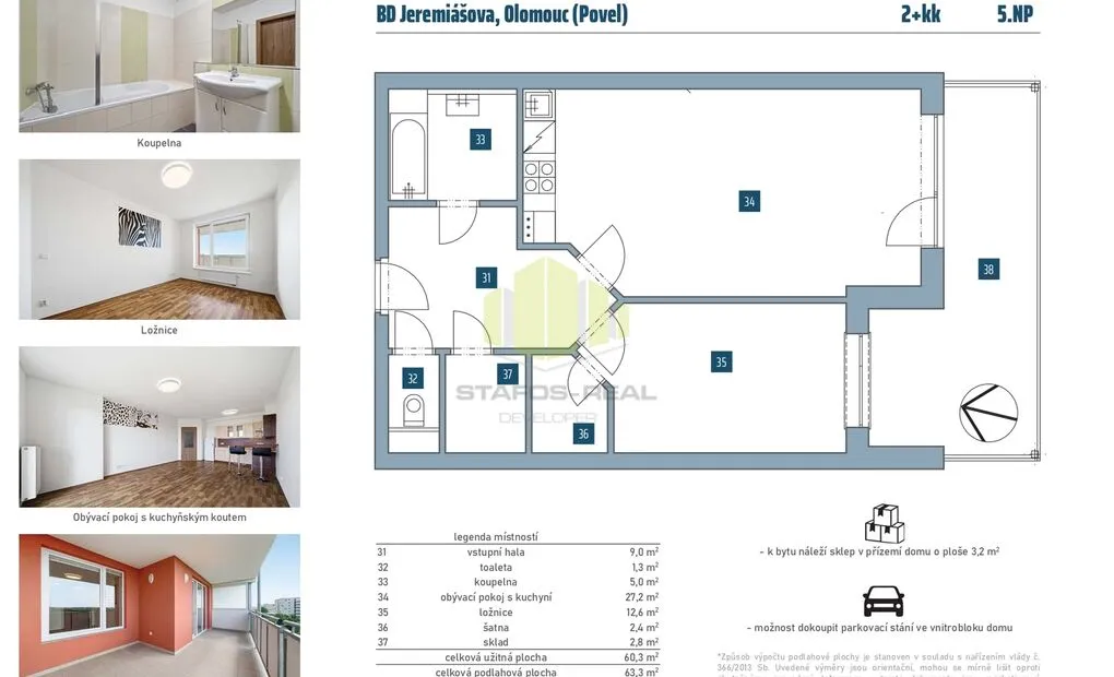 Prodej moderního bytu 2+kk 63,3 m2 + lodžie 16,39 m2 v novostavbě, Jeremiášova, Olomouc - Povel
